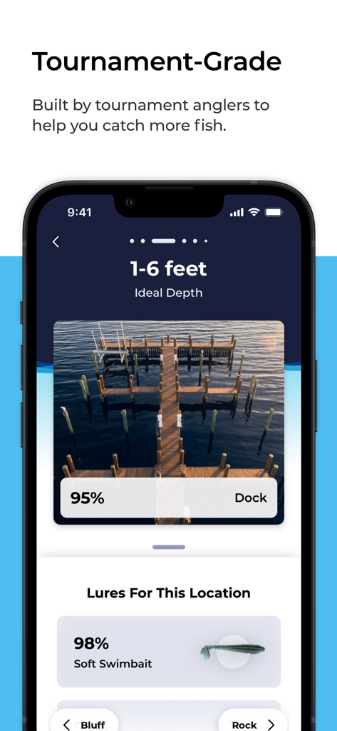 Lure Cast app interface showing a 95 percent match for a dock location and a 98 percent recommendation for a soft swimbait at 1-6 feet depth