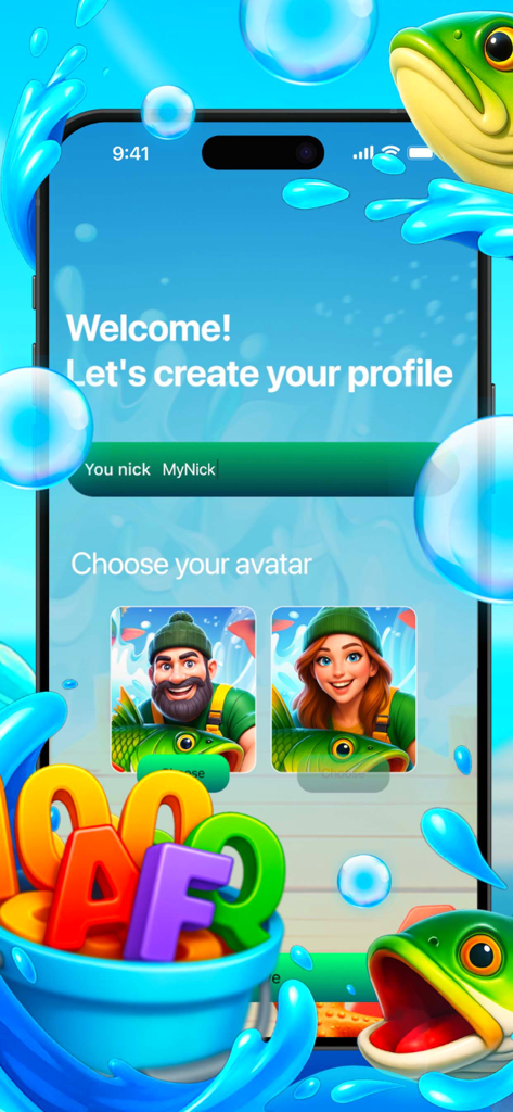 Profile creation screen for Deep Sea Fish Notes app with nickname entry and avatar selection