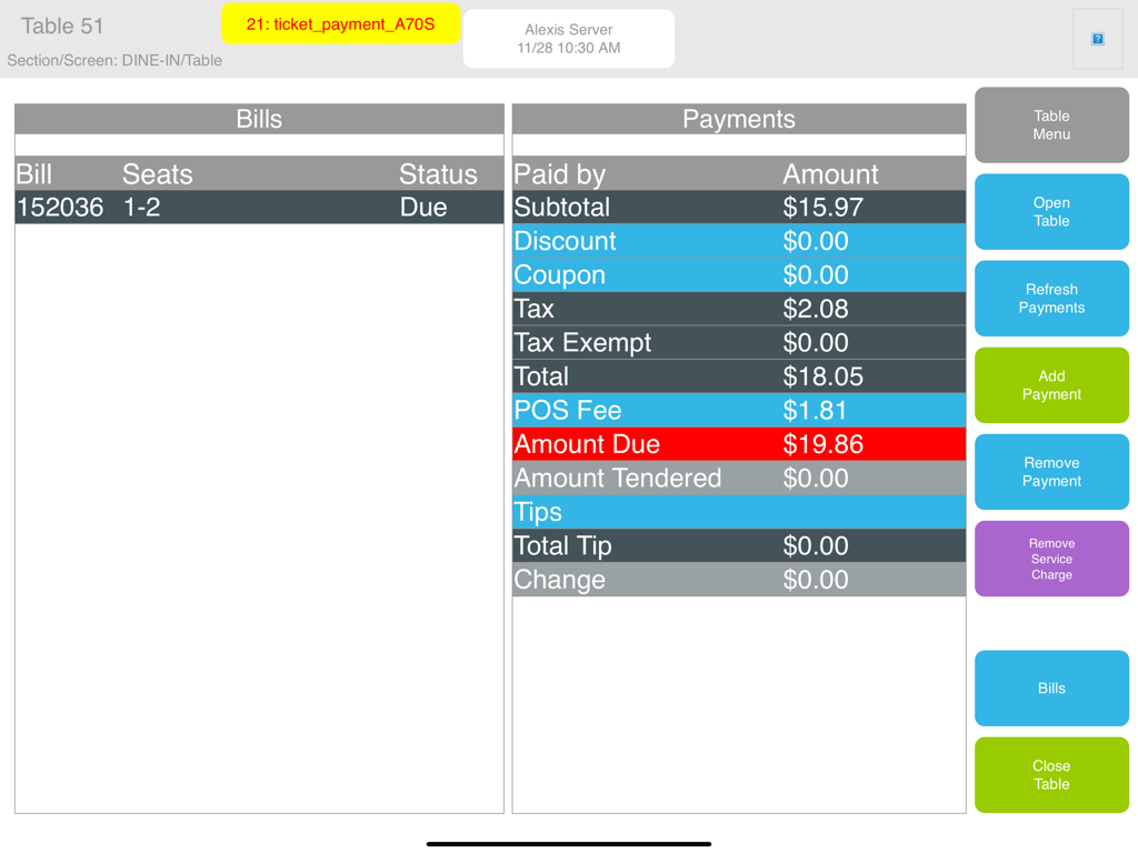 Givex POS - Givex POS iPad interface displaying bill status and payment breakdown for a restaurant table