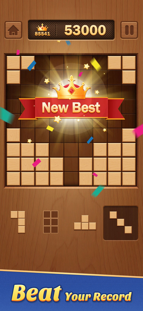 Wooden Block Adventure - Una pantalla de puntuación alta en Aventura de Bloques de Madera mostrando una corona dorada y un nuevo mejor récord en un puzzle de cuadrícula de madera.