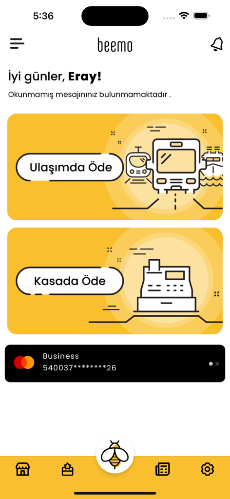 Panel de la aplicación Beemo mostrando opciones de pago con código QR para transporte y compras minoristas