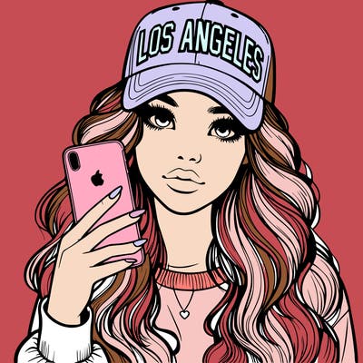 realistic beautiful girl wearing los ángeles cap holding an iphone