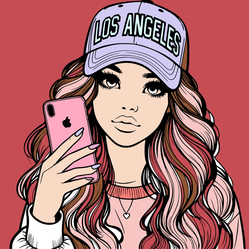 realistic beautiful girl wearing los ángeles cap holding an iphone