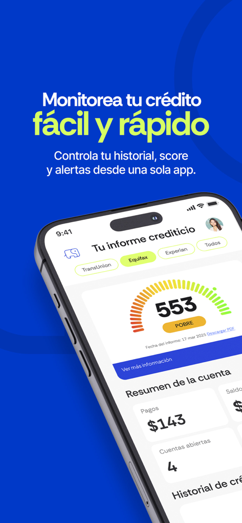 Dumbo Credit - Dumbo Credit app interface showing a credit score report and financial monitoring tools in Spanish