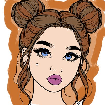 realistic girl with two buns on her hair and lips