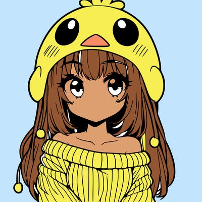 anime girl with chick shaped hat with sweater with bare shoulders with bangs covering them one eye with low tail