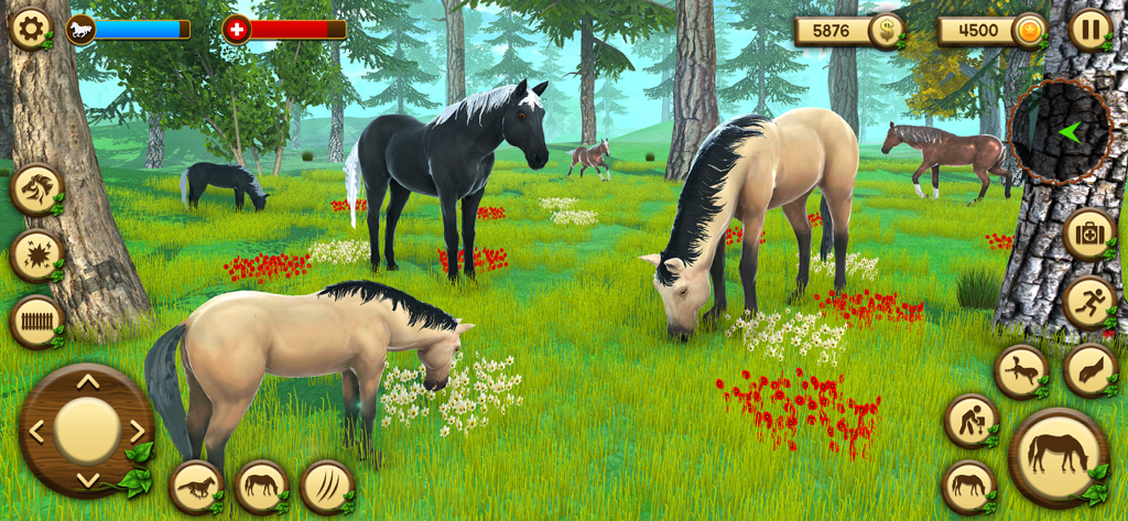 Wild Horses Game: Horse Sim 3D - Wild horses grazing in a green meadow in a 3D simulation game