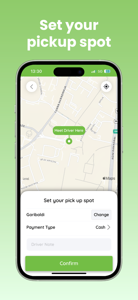 Tesla Taxi Kosova - Interface of the Tesla Taxi Kosova mobile app showing a map for setting a pickup spot and selecting payment type.