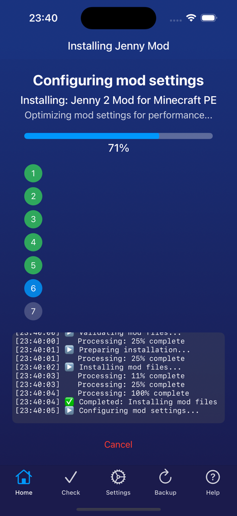 An interface showing the installation progress bar at 71 percent for the Jenny mod in Minecraft PE.