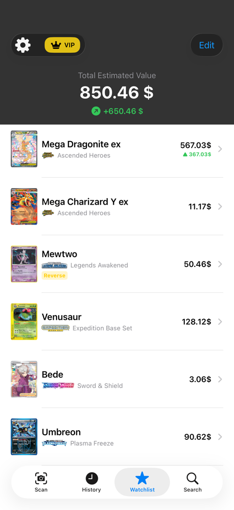 Watchlist screen in the Pokescan app displaying a list of Pokemon cards and their estimated market values.