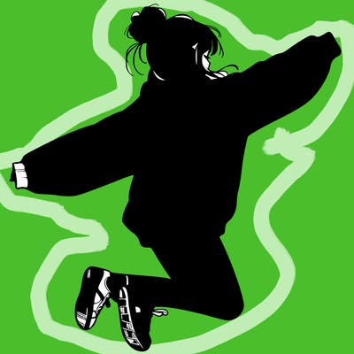 realistic girl jumping with a bun and oversized sweatshirt