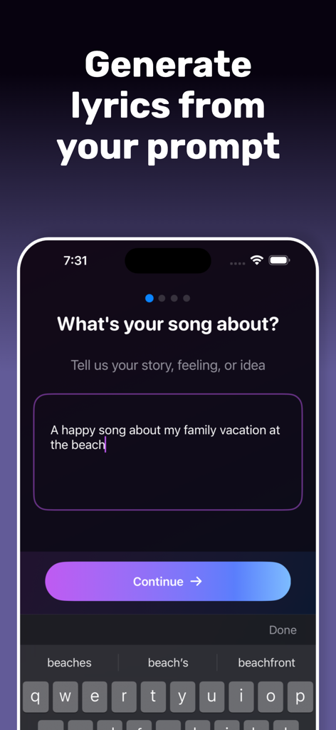 Jamify app screen showing a user entering a prompt to generate song lyrics about a family beach vacation