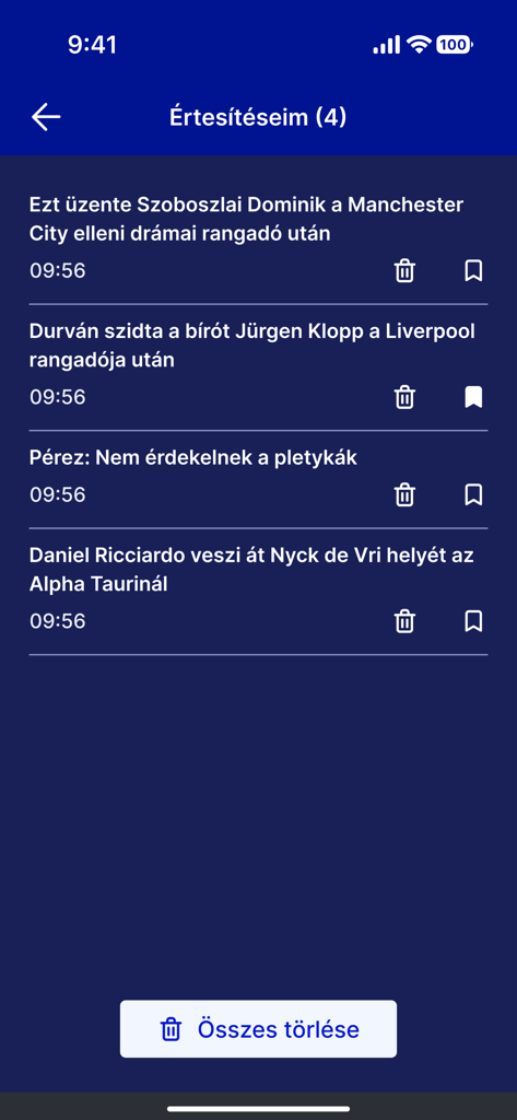 Az Origo hírek mobilalkalmazás értesítési központja, amely hírértesítések listáját mutatja