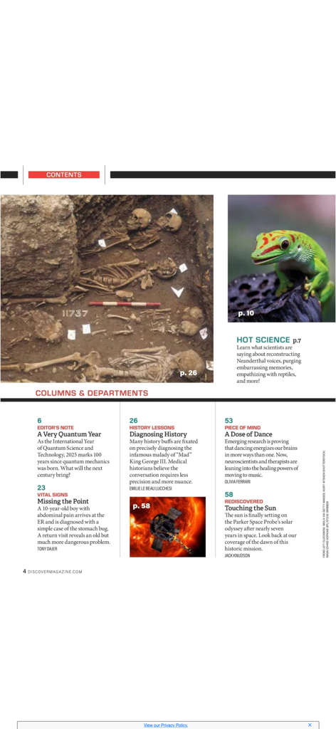 Table of contents from the DISCOVER Magazine app featuring science news articles and high-quality photography.