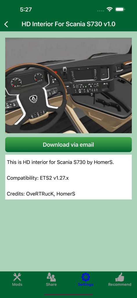 ETS2 - DLC, Mods & Addons - Screenshot of the ETS2 mod app displaying a high definition interior mod for a Scania S730 truck with a dashboard preview and download button.