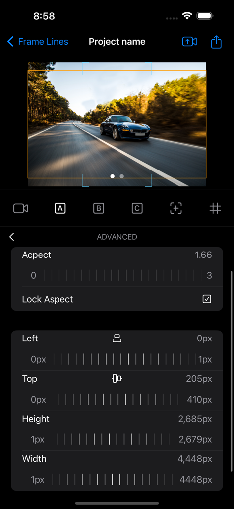Frame Line PRO - Advanced camera frameline settings interface showing aspect ratio and pixel adjustments in Frame Line PRO