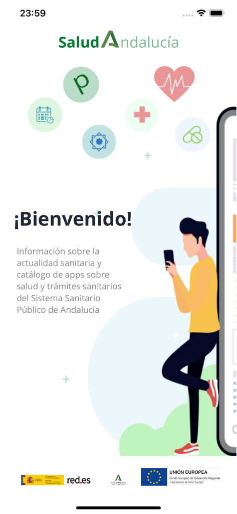 Salud Andalucía - Welcome screen of the Salud Andalucia app showing a person using a mobile phone and various health icons.
