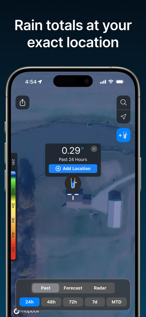 RainDrop - Virtual Rain Gauge - RainDropアプリのインターフェースで、衛星マップ上の特定の場所の降水量合計を表示