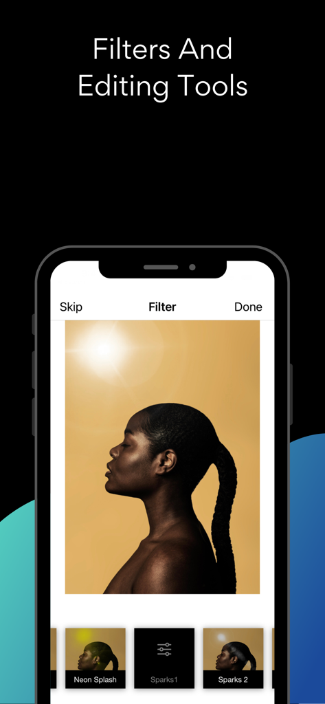Benutzeroberfläche der mobilen ViewBug-App, die ein Porträt zeigt, das mit professionellen Fotofiltern und Werkzeugen bearbeitet wird