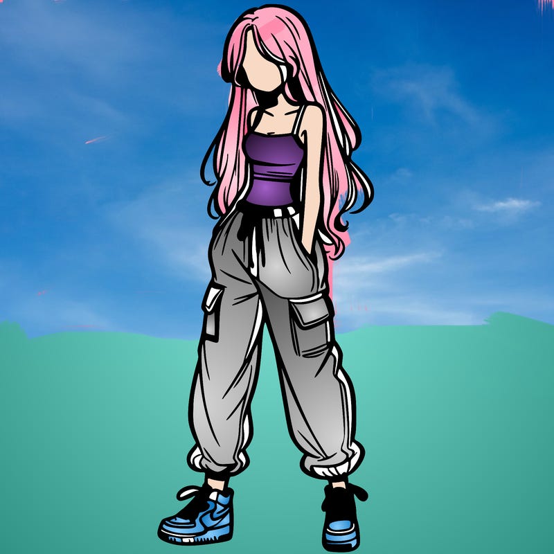 girl in baggy pants crop top and long hair