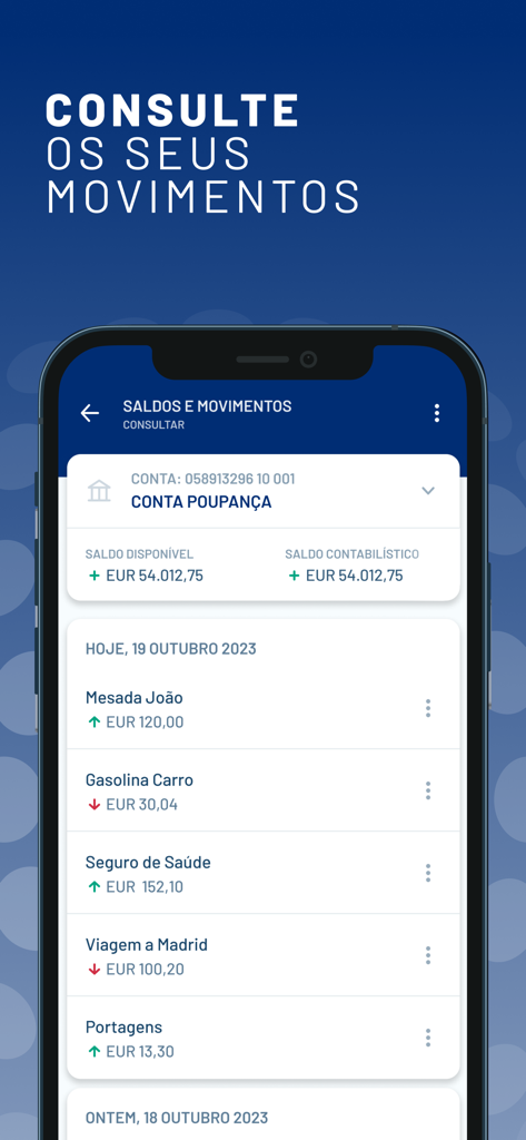 BAI Europa Directo - Schermata dell'app BAI Europa Directo che mostra i saldi dei conti e i movimenti delle transazioni.