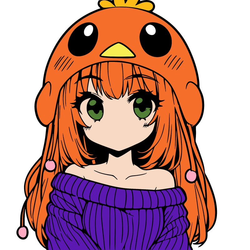 anime girl with chick shaped hat with sweater with bare shoulders with bangs covering them one eye with low tail