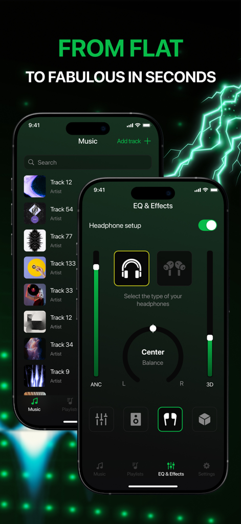 Music Equalizer - Tuner Boost - Interfaz de la aplicación Music Equalizer que muestra la configuración de auriculares y los controles de efectos de audio.