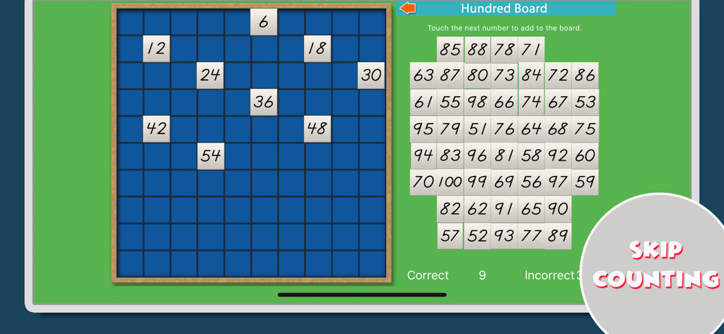 Montessori Math - A digital hundred board grid in the Montessori Math app showing a skip counting activity for children