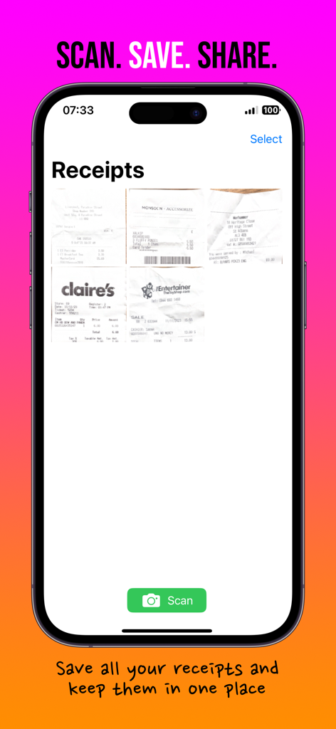 Digital dashboard of scanned business receipts in the Receipts Scanner mobile app