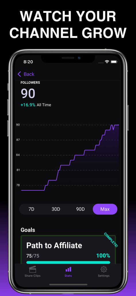 StreamKit - Edit Clips & Stats - StreamKit-App-Oberfläche, die eine Grafik mit steigenden Twitch-Followern und ein abgeschlossenes Ziel für den Weg zur Affiliate-Partnerschaft zeigt