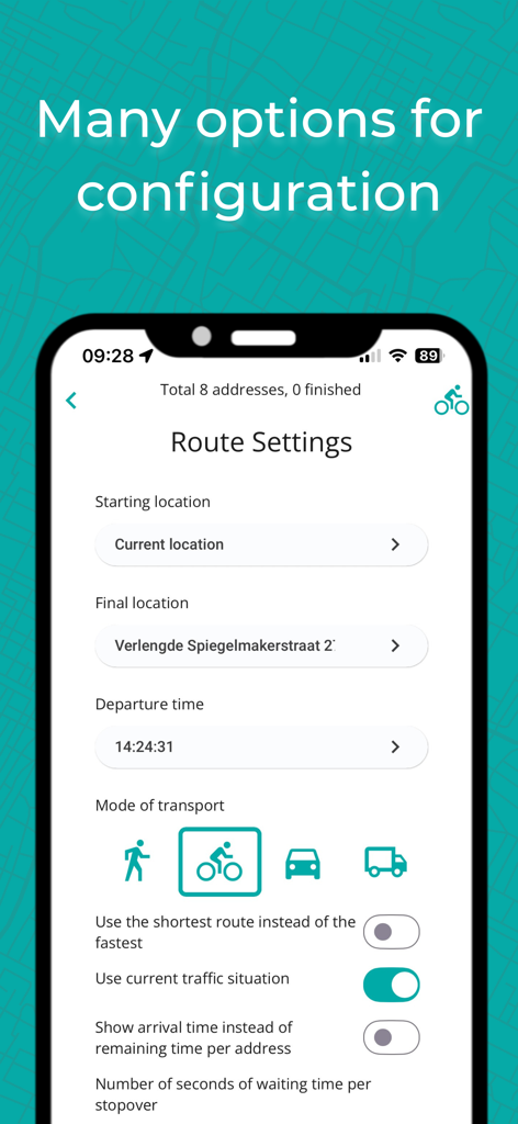 IBI - Optimal route planner - IBI route settings screen showing configuration options for transport mode and traffic optimization