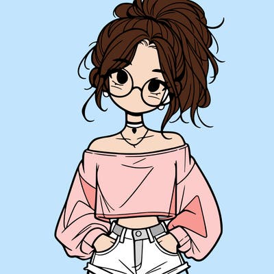 girl with a messy ponytail glasses a baggy crop top and jean shorts