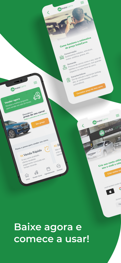 InstaCarro: Venda de Carros - Screens of the InstaCarro mobile app for selling cars quickly