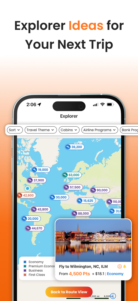 PointsYeah - Mapa explorador no aplicativo PointsYeah mostrando custos de pontos de voos com prêmios em vários destinos globais.