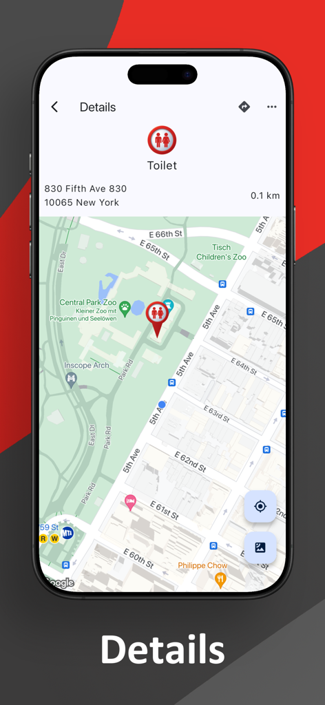 Detailed map view in the WC Toilet and Restroom Finder app showing a restroom location in New York City with address and distance information