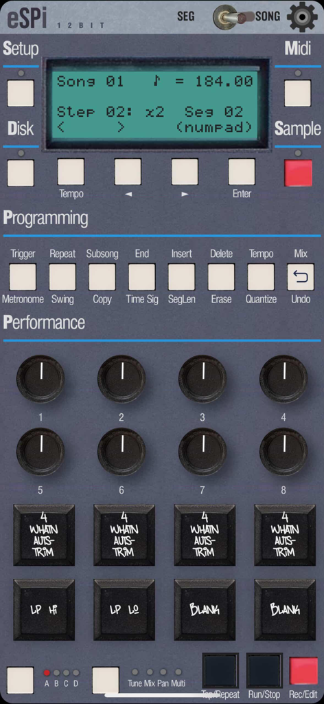 eSPi - Interfaccia dell'app eSPi che emula un campionatore hardware vintage a 12 bit con pad e manopole