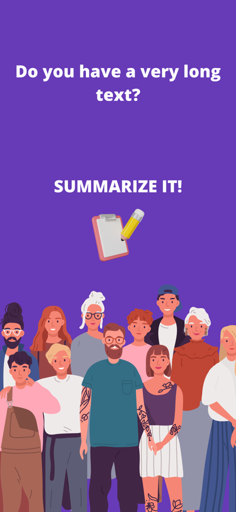 Flashcards to Study - Synt - Synt study app screen with text asking to summarize long text and a diverse group of people