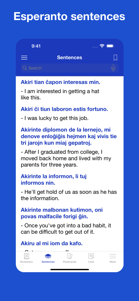 Una lista de frases en esperanto con traducciones al inglés dentro de la interfaz de la aplicación Diccionario de Esperanto