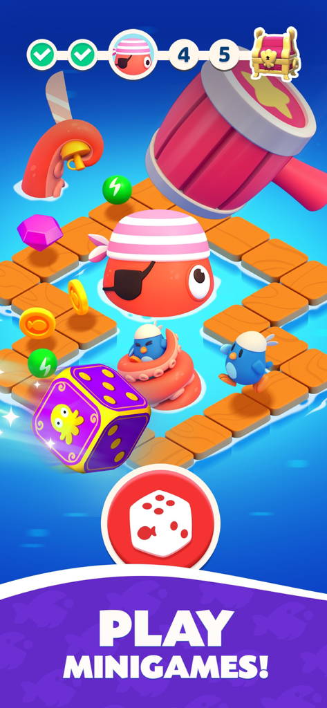 A colorful board game minigame in Fish of Fortune featuring a pirate octopus character and a purple dice