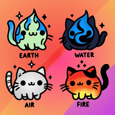 4 cats that represent the different elements, earth, water, air, and fire