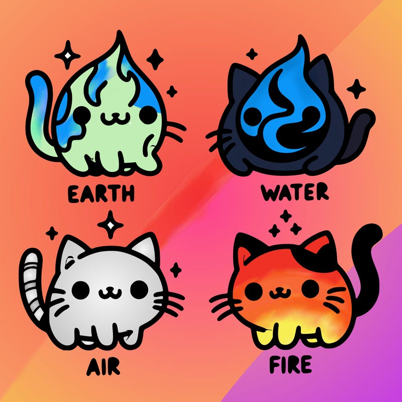 4 cats that represent the different elements, earth, water, air, and fire