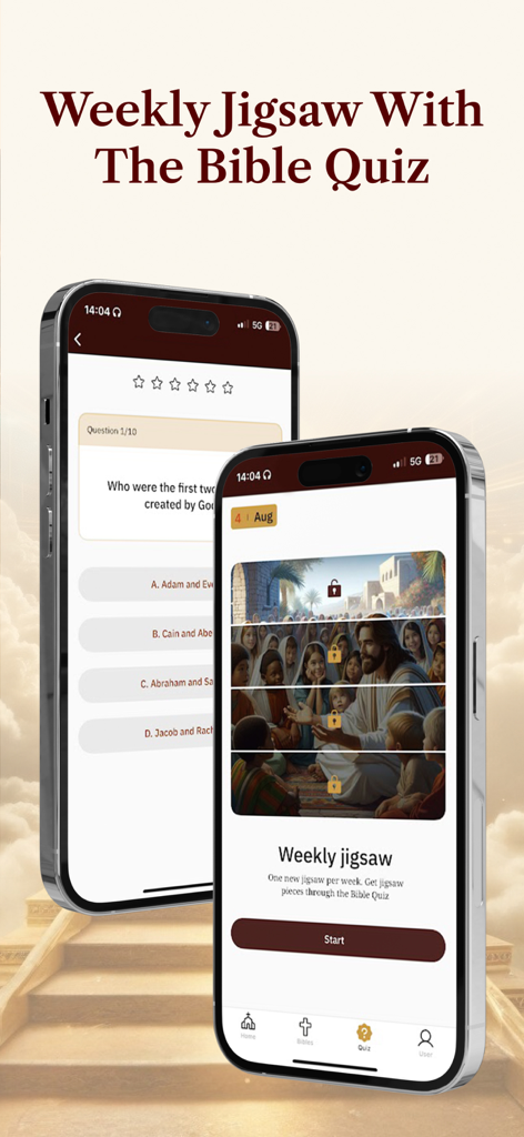 The Bible NIV: You Version - Interface of the NIV Bible app showing a weekly jigsaw puzzle and a multiple choice Bible quiz.