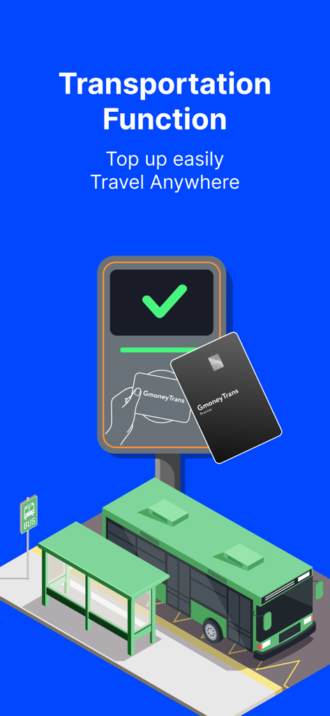 GmoneyTrans - Illustration of GmoneyTrans card being used for public transportation at a bus stop