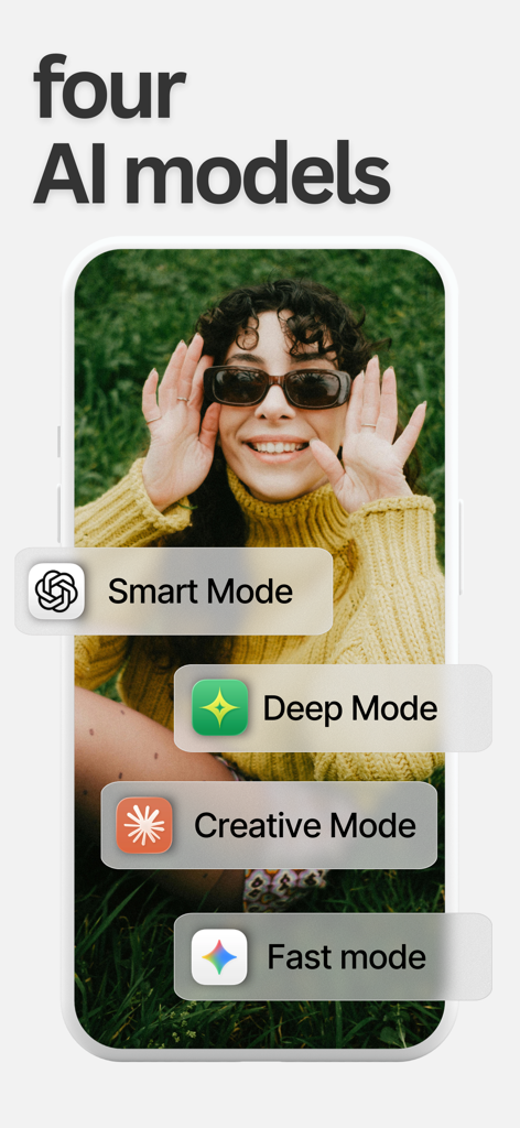 Viro - Eco-Friendly AI - Interface do aplicativo Viro AI destacando quatro modos de modelo de IA, incluindo Smart Deep Creative e Fast