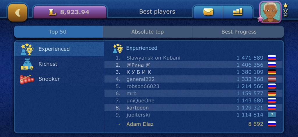 Online Snooker LiveGames - Pantalla de clasificación en Snooker Online LiveGames mostrando los 50 mejores jugadores experimentados y sus rankings