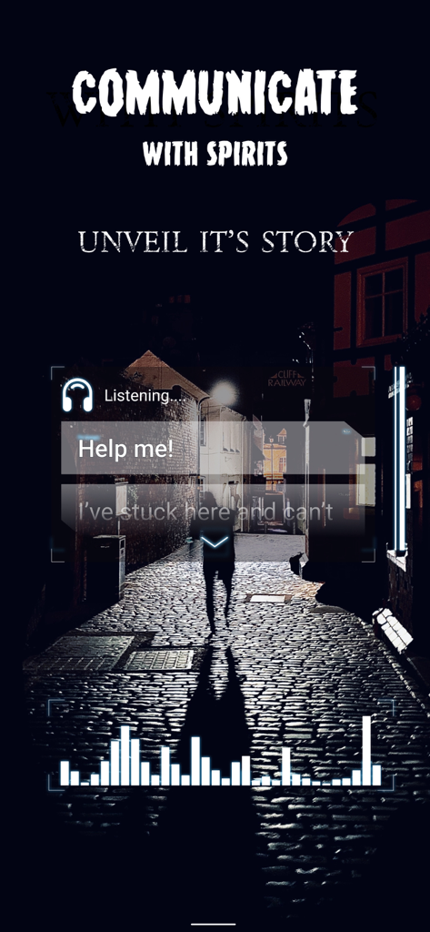 Ghost Detector App-Oberfläche, die Geisterkommunikationsnachrichten und einen Audiofrequenz-Visualisierer in einer dunklen Gasse zeigt