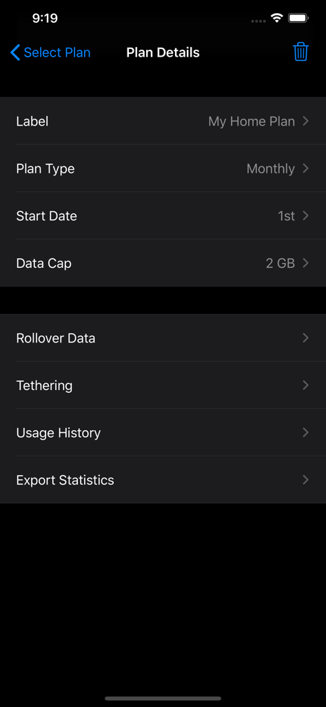DataMan - Data Usage Widget - DataMan app settings screen for tracking monthly cellular data plans and caps.