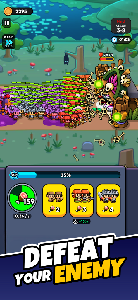 Tiny Warriors Rush - Idle TD - Gameplay screenshot of Tiny Warriors Rush showing a large army of knights and archers attacking a skeleton tower.
