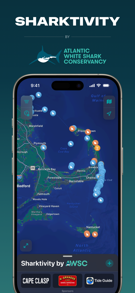 Sharktivity by AWSC - Sharktivity app interface showing a map of Cape Cod with shark sighting icons