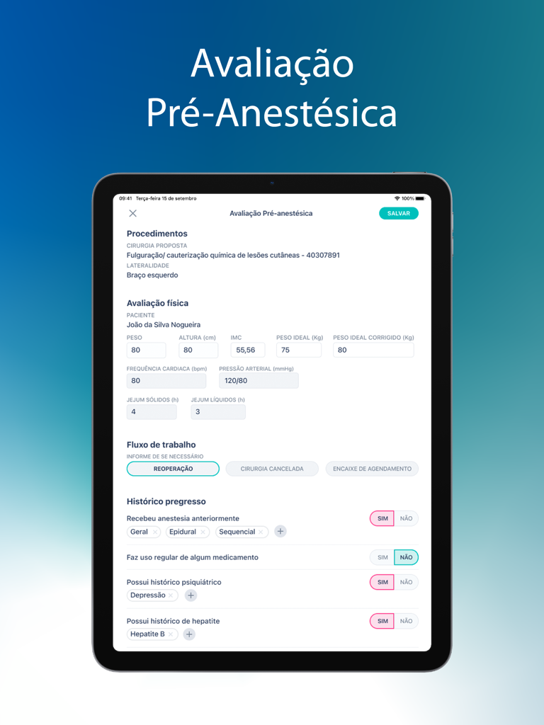 AxReg - AxReg iPad app displaying a digital pre-anesthetic evaluation form for medical professionals